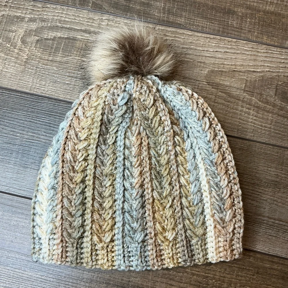 Handcrafted Crochet Multicolor Winter Hat Snowy Wheat Stitch Beanie with Pom Pom